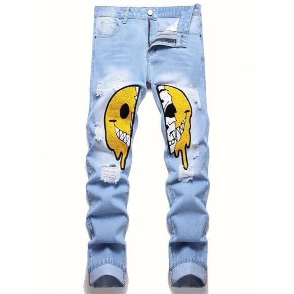 NWT Men's Light Wash Distressed Split Smiley Face Jeans - Picture 2 of 5
